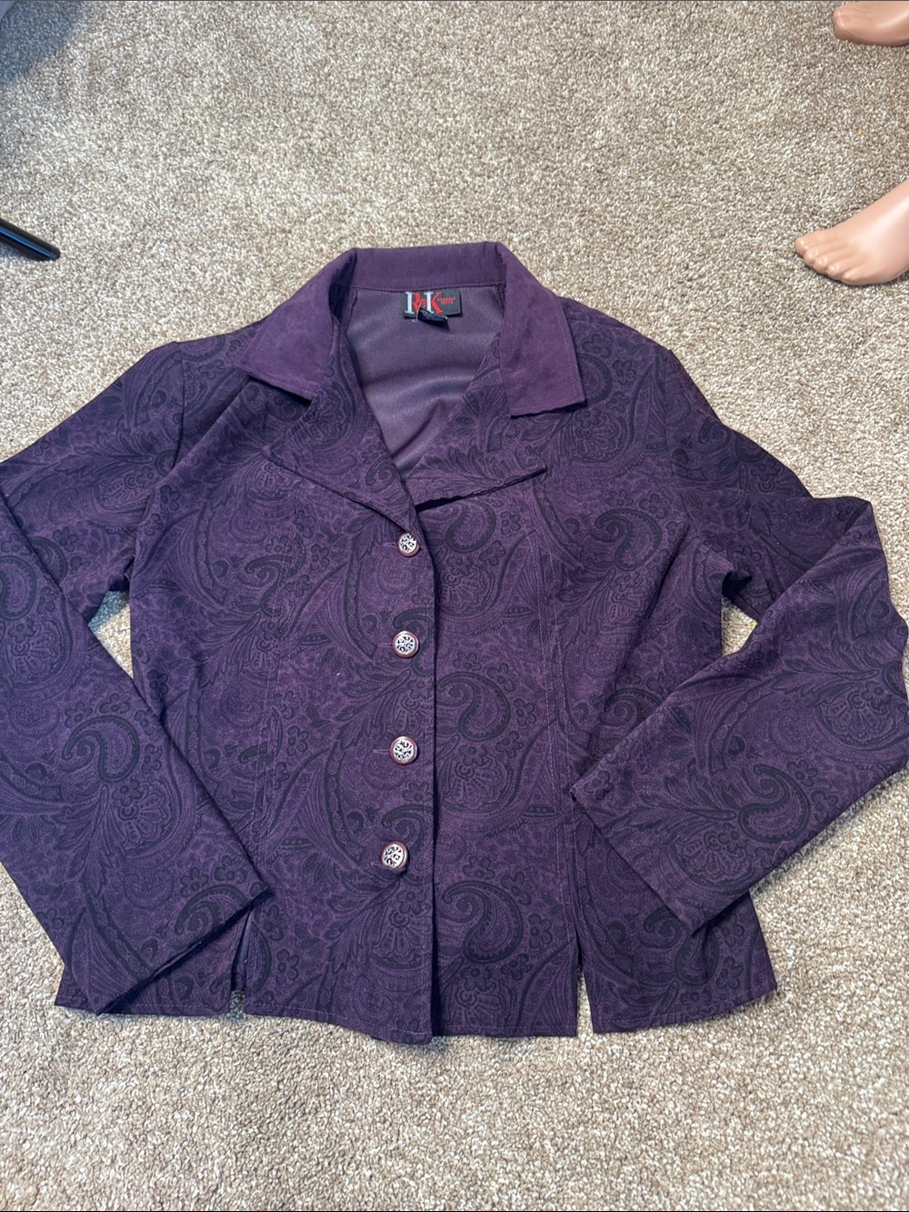 R&K Purple Paisley Button-Front Women's blazer Jacket career suede feel SZ 12 - Picture 2 of 7